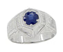 Art Deco Geometric Hexagonal Mens Blue Sapphire Ring in 14 Karat White Gold