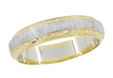 Mens Hand Engraved Mid Century Vintage Wedding Band in 14 Karat Yellow and White Gold | Ring Size 10