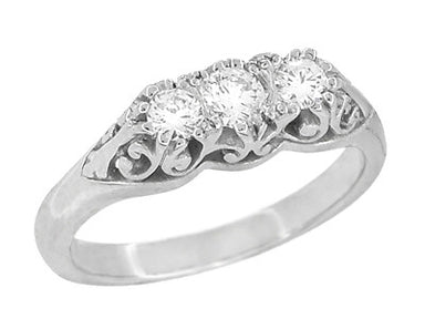 Filigree "Three Stone" Diamond Art Deco Ring in 14 Karat White Gold - alternate view