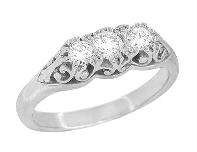 Filigree "Three Stone" Diamond Art Deco Ring in 14 Karat White Gold - Item: R890-LC - Image: 2