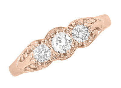 Art Deco Filigree 3 Stone Diamond Ring in 14 Karat Rose ( Pink ) Gold - Item: R890R-LC - Image: 4