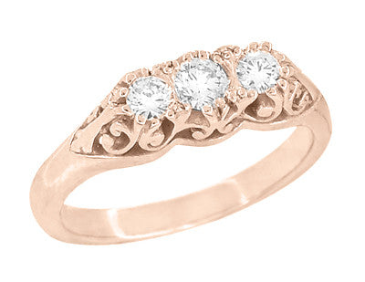 Art Deco Filigree 3 Stone Diamond Ring in 14 Karat Rose ( Pink ) Gold - Item: R890R-LC - Image: 2