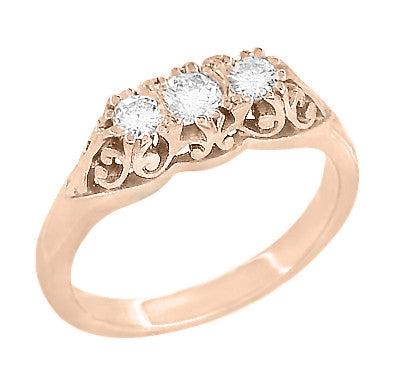 Art Deco Filigree 3 Stone Diamond Ring in 14 Karat Rose ( Pink ) Gold