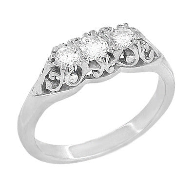 Vintage Three Stone Filigree Ring with White Sapphires in White Gold - R890WS