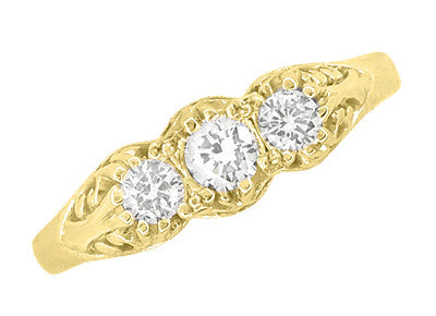 Art Deco Filigree "Three Stone" Diamond Ring in 14 Karat Yellow Gold - Item: R890Y-LC - Image: 4