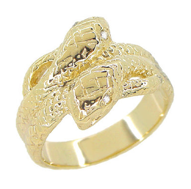 Vintage Mens Double Serpent Snake Ring with Diamond Eyes in Yellow