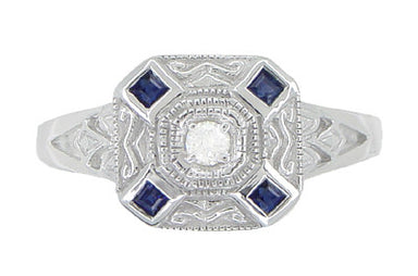 Art Deco Square Sapphires and Diamond Engraved Ring in 14 Karat White Gold - alternate view