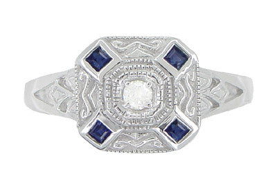 Art Deco Square Sapphires and Diamond Engraved Ring in 14 Karat White Gold - Item: R908 - Image: 2