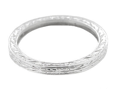 Antique Style Art Deco Engraved 2mm Wide Wheat Wedding Band Ring in 18 Karat White Gold - Item: R910 - Image: 2