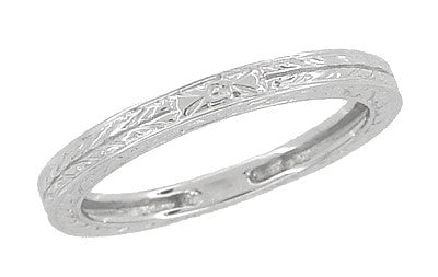 Antique Style Art Deco Engraved 2mm Wide Wheat Wedding Band Ring in 18 Karat White Gold