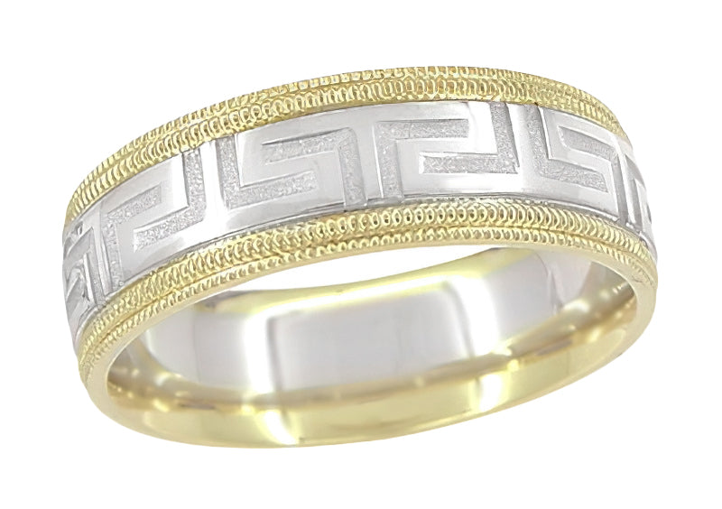 1950s Vintage Greek Key Wedding Band in White and Yellow Gold Mixed Metals 14K Two Tone 7mm Wide - R911