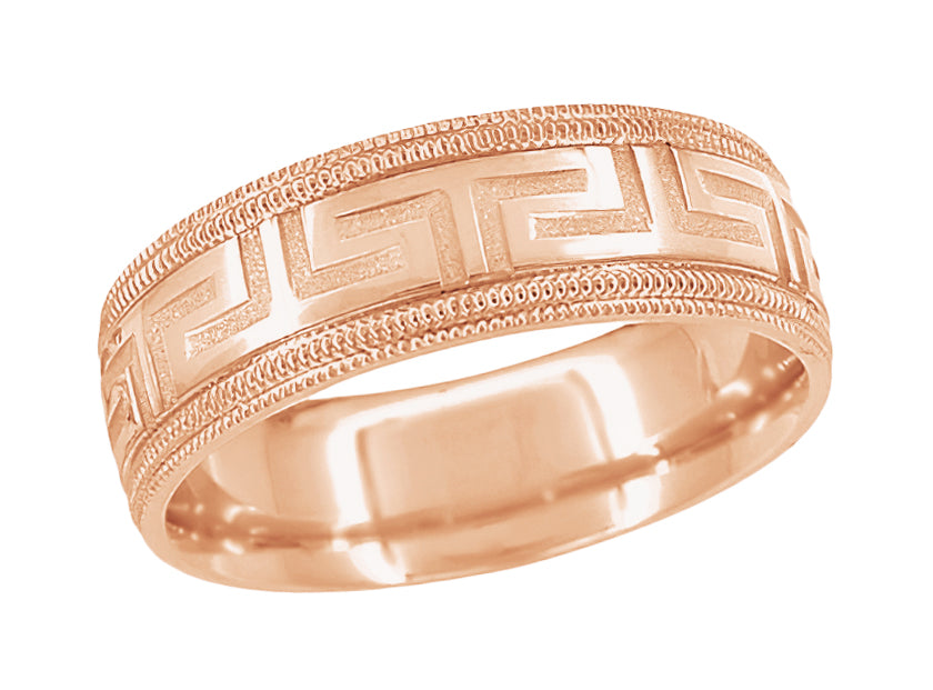 1950s Mid Century Vintage Greek Key Rose Gold Wedding Band 7mm Antique Jewelry Mall