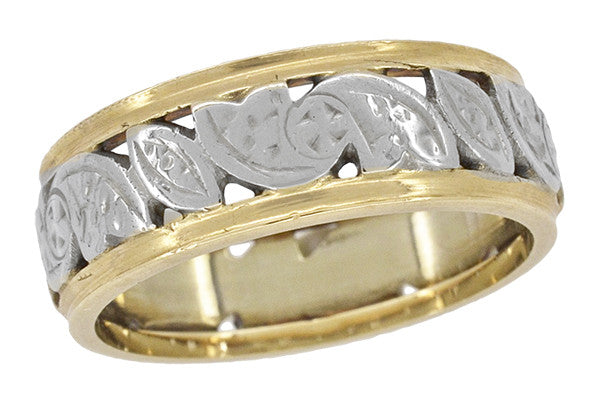 Retro Mixed Metals Wide Vintage Wedding Band in 14 Karat White and Yellow Gold - Size 4.75