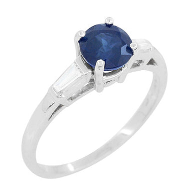 Antique Mid Century Blue Sapphire and Diamond Baguettes Engagement Ring in Platinum - alternate view