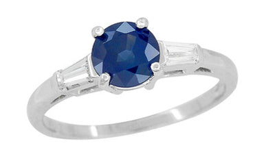 Antique Mid Century Blue Sapphire and Diamond Baguettes Engagement Ring in Platinum
