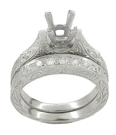 Art Deco Scrolls 2 Carat Princess Cut Diamond Engagement Ring Setting and Wedding Ring in White Gold - alternate view