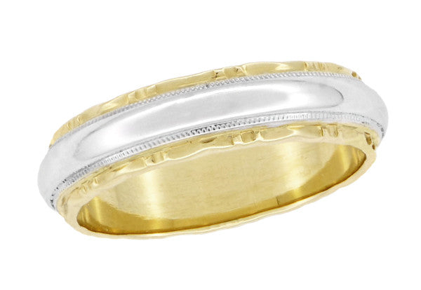Two Tone 1930's Vintage Art Deco Wedding Band Ring with Scalloped Edges in Solid 14K Gold | Size 9