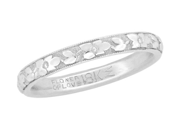 Flower of Love Engraved 18K White Gold Vintage Wedding Band - Size 7 - J.R. Wood Ring