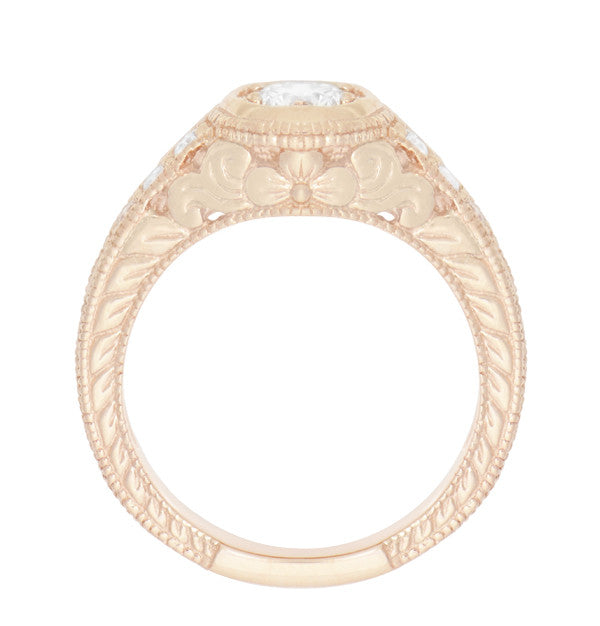 Rose Gold Art Deco Filigree Flowers & Scrolls 1/2 Carat Engraved Diamond Engagement Ring - Item: R990R50D-LC - Image: 4