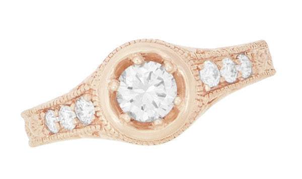 Rose Gold Art Deco Filigree Flowers & Scrolls 1/2 Carat Engraved Diamond Engagement Ring - Item: R990R50D-LC - Image: 2