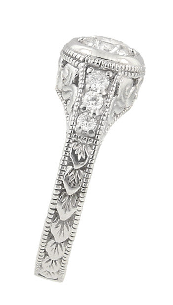 Sculptural Wheat and Side Diamonds on Vintage Low Profile Ring Setting For a 1 Carat Diamond with Side Diamonds and Filigree in White Gold - R990W1NS