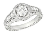 Art Deco Filigree Flowers & Scrolls Engraved 1 Carat Diamond Engagement Ring Setting in White Gold