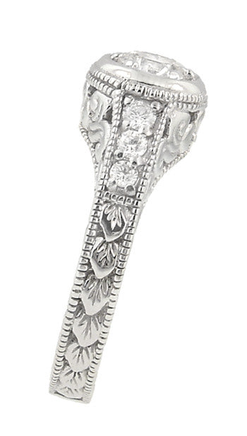 Art Deco Filigree Flowers and Scrolls Engraved 1/4 Carat Diamond Engagement Ring in 14 Karat White Gold - Item: R990W25-LC - Image: 3
