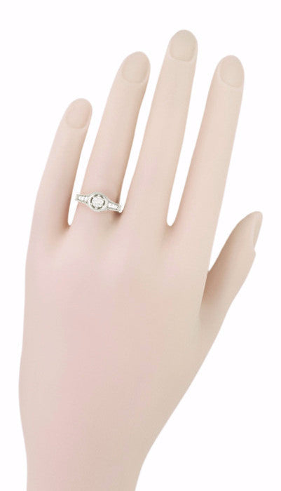 Art Deco Filigree Flowers and Scrolls Engraved 1/4 Carat Diamond Engagement Ring in 14 Karat White Gold - Item: R990W25-LC - Image: 5