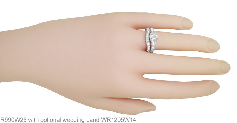 Art Deco Filigree Flowers and Scrolls Engraved 1/4 Carat Diamond Engagement Ring in 14 Karat White Gold - Item: R990W25-LC - Image: 6