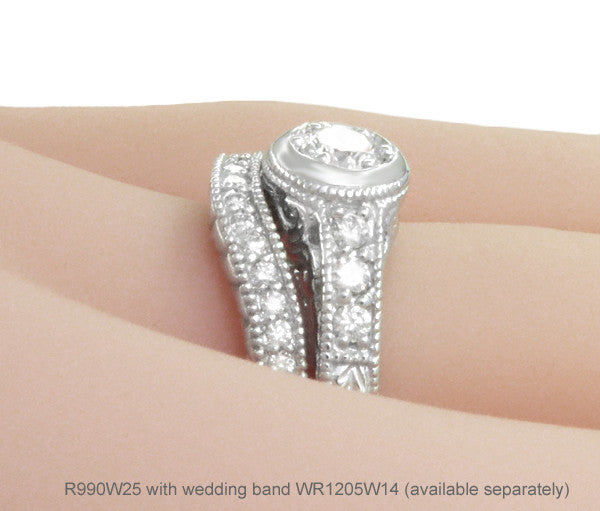Art Deco Filigree Flowers and Scrolls Engraved Diamond Engagement Ring in 14 Karat White Gold - Item: R990W25 - Image: 7