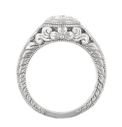 Side Floral Carved Low Profile Halo Engagement Ring - Antique Style - R990W50