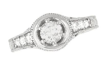 Art Deco Filigree Flowers and Scrolls Engraved 1/2 Carat Diamond Engagement Ring Setting in White Gold - Item: R990W50NS - Image: 3