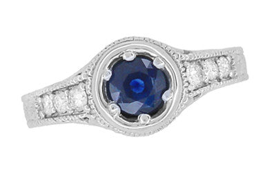Art Deco Filigree Flowers and Scrolls Engraved Blue Sapphire and Diamond Engagement Ring in 18 Karat White Gold - Item: R990W50S - Image: 4