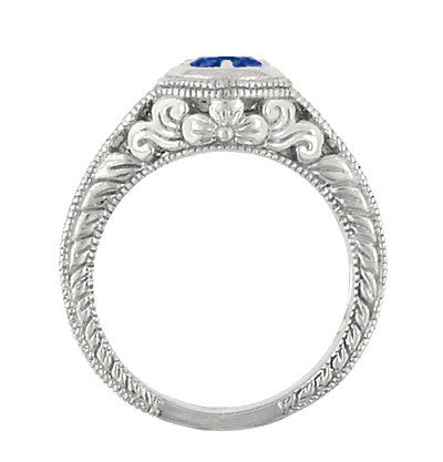 Art Deco Filigree Flowers and Scrolls Engraved Blue Sapphire and Diamond Engagement Ring in 18 Karat White Gold - Item: R990W50S - Image: 5