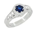 Art Deco Filigree Flowers and Scrolls Engraved Blue Sapphire and Diamond Engagement Ring in White Gold