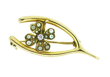 Retro Moderne Lucky Four Leaf Clover and Wishbone Brooch Set with Diamond and Seed Pearls in 10 Karat Gold