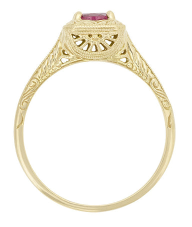 Art Deco Rhodolite Garnet Filigree Scrolls Engraved Engagement Ring in 14 Karat Yellow Gold - alternate view