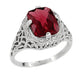 Art Deco Flowers and Leaves Cushion Cut Rectangular Rhodolite Garnet Antique Filigree Ring - 14K White Gold - R289