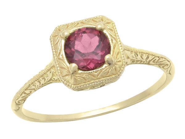1920s Filigree Art Deco Vintage Rhodolite Garnet Engraved Engagement Ring in Yellow Gold - R182