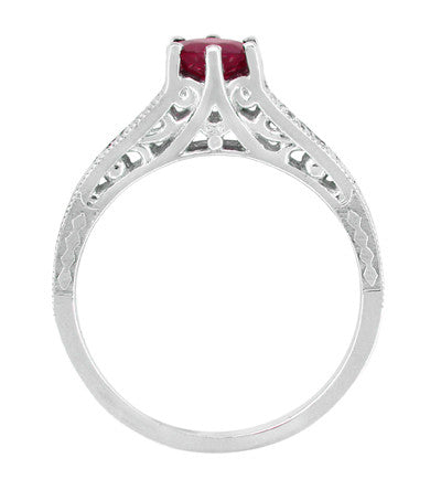 Art Deco Ruby and Side Diamonds Scroll Filigree Engagement Ring in Platinum - Item: R191P - Image: 4