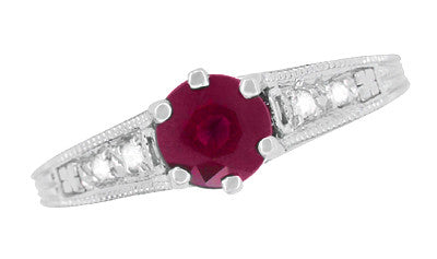 Art Deco Ruby and Side Diamonds Scroll Filigree Engagement Ring in Platinum - Item: R191P - Image: 5