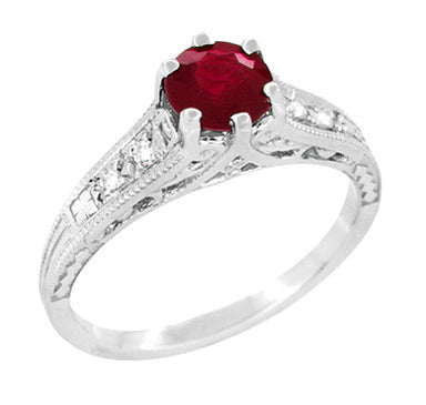Unique Art Deco Vintage Platinum Ruby Engagement Ring with Side Diamonds and Filigree - R191P
