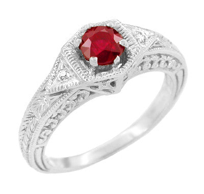 Art Deco Ruby and Diamond Filigree Engraved Engagement Ring in 14 Karat White Gold