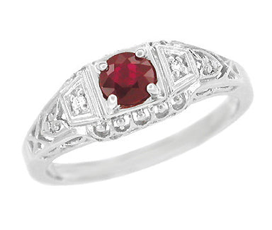 Simple Low Profile Antique Art Deco Ruby and Side Diamond Filigree Engagement Ring in White Gold - R227