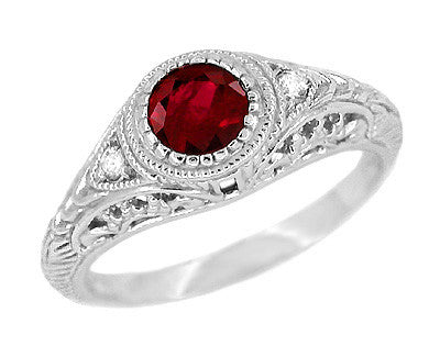 Art Deco Engraved Ruby and Diamond Filigree Engagement Ring in Platinum