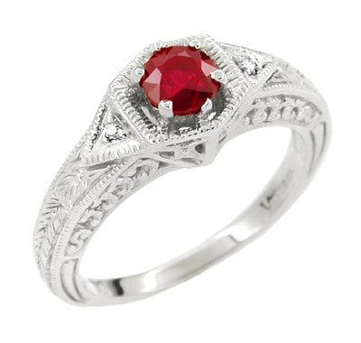 Platinum Art Deco Hexagon Filigree Engraved Ruby Engagement Ring with Side Diamonds