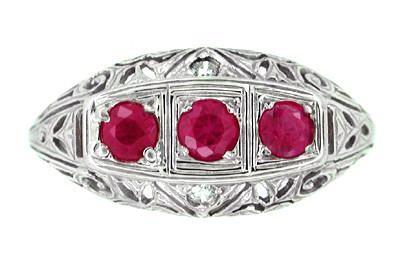 Three Stone Ruby and Diamonds Filigree Ring in 14 Karat White Gold - Item: R151 - Image: 2