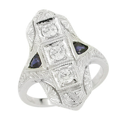 Art Deco Sapphires and Diamonds Engraved Cocktail Ring in 14 Karat White Gold