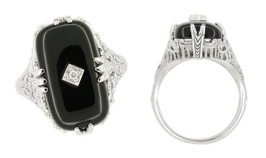 Art Deco Filigree Onyx and Diamond Set Ring in 14 Karat White Gold - alternate view