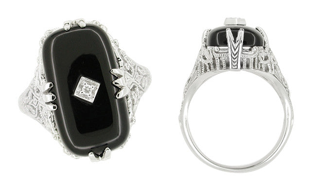 Art Deco Filigree Onyx and Diamond Set Ring in 14 Karat White Gold - Item: RV1160 - Image: 2